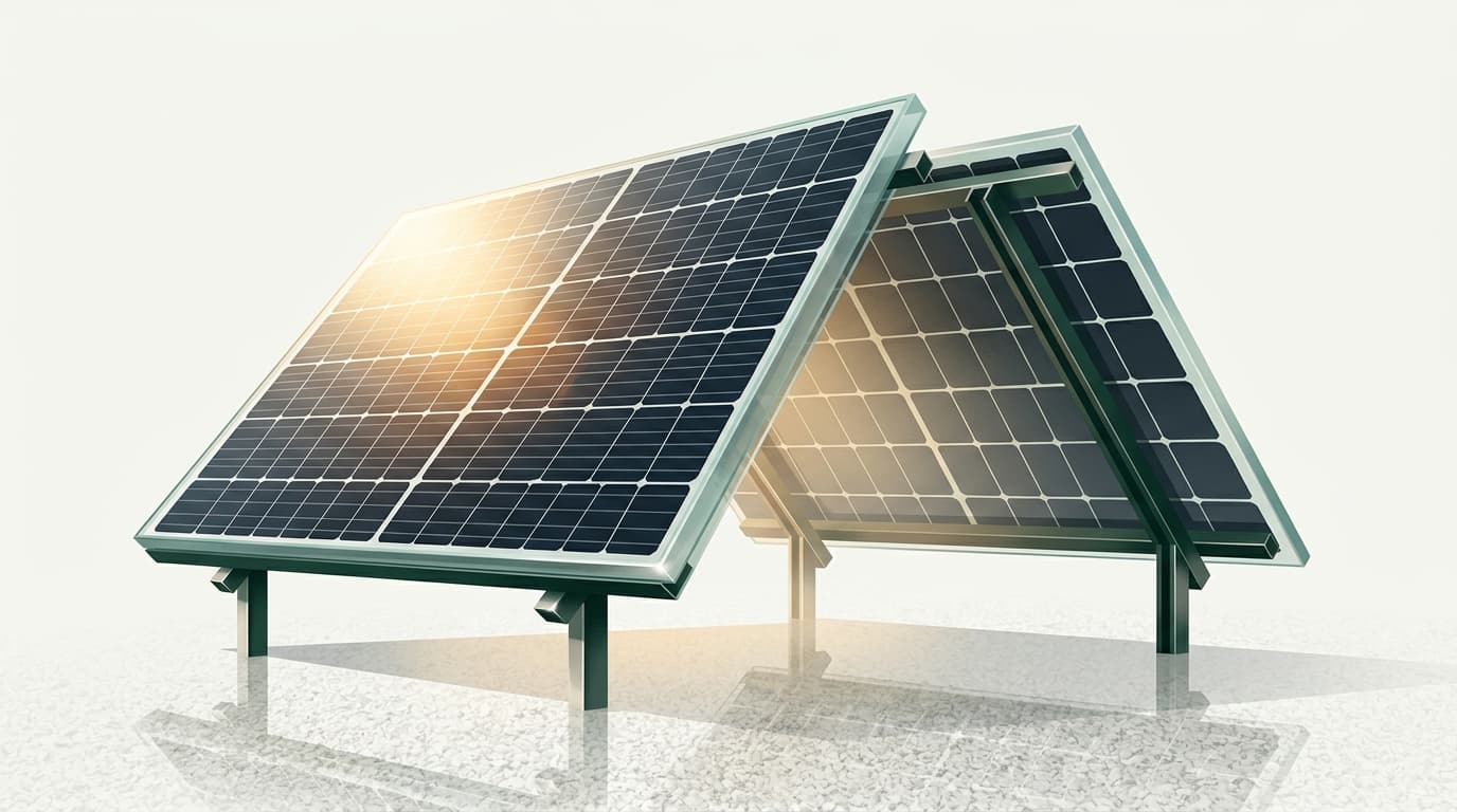 Editorial illustration of elevated bifacial solar panels above reflective ground.